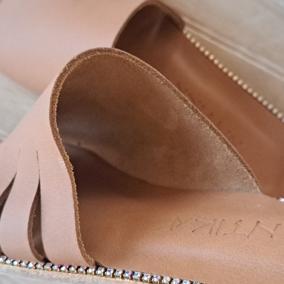 Antika Handmade Leather Cut Out Slide Rhinestone Trim Slip-On Flats Sandals - Picture 9 of 13